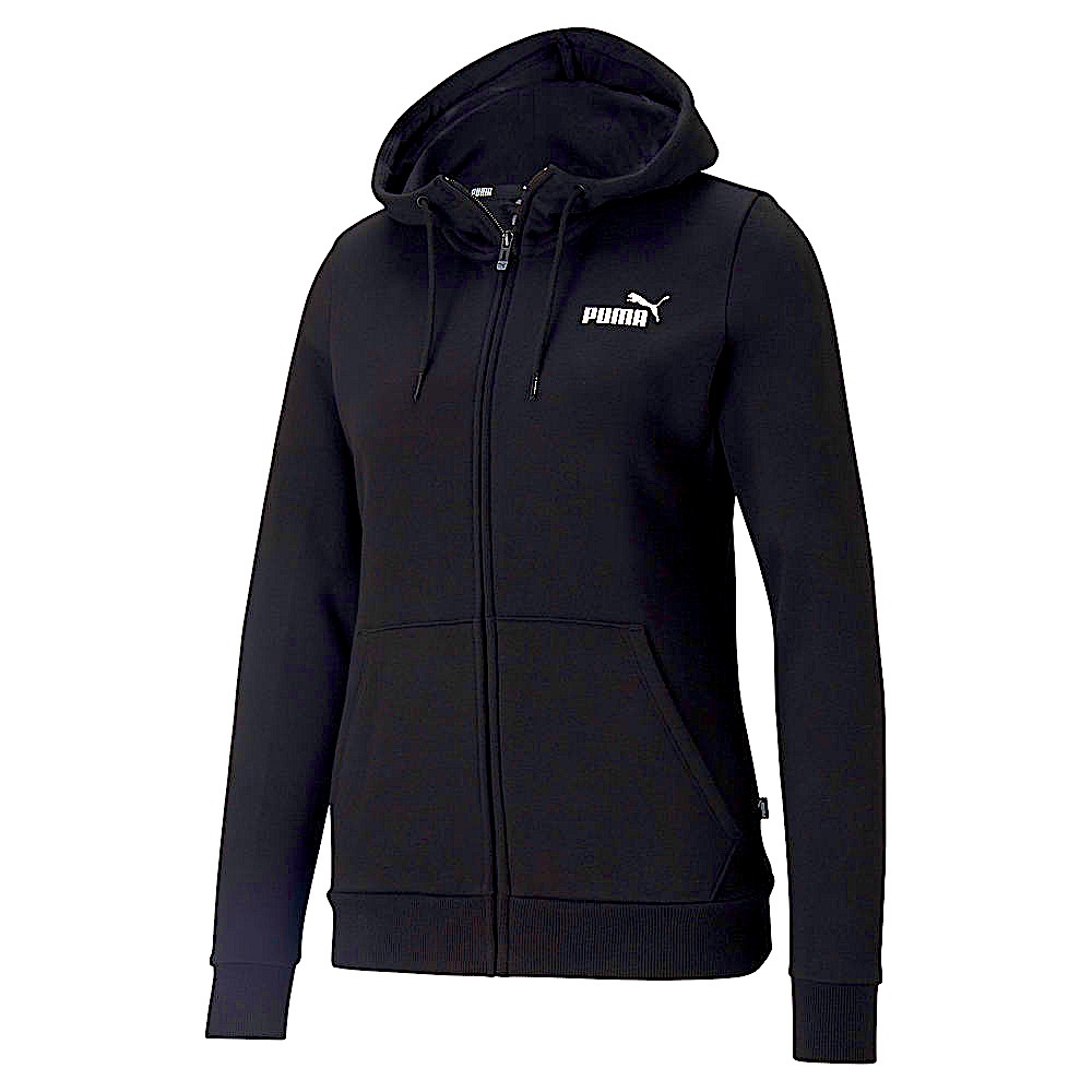 PUMA Black Essential Small Logo Full-Zip Hoodie, Women's Size Small.